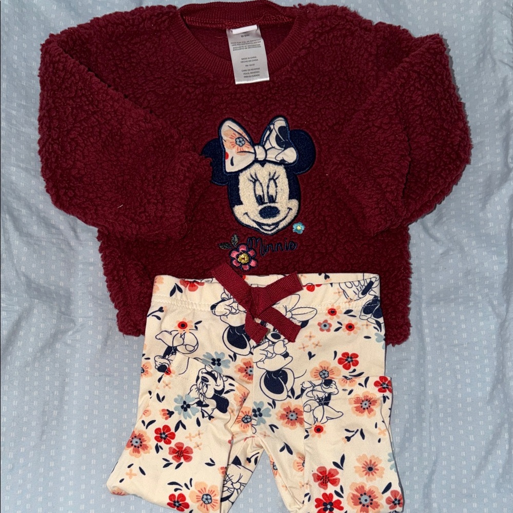 Disney Burgundy Sherpa Top with Cream Floral Minnie Leggings